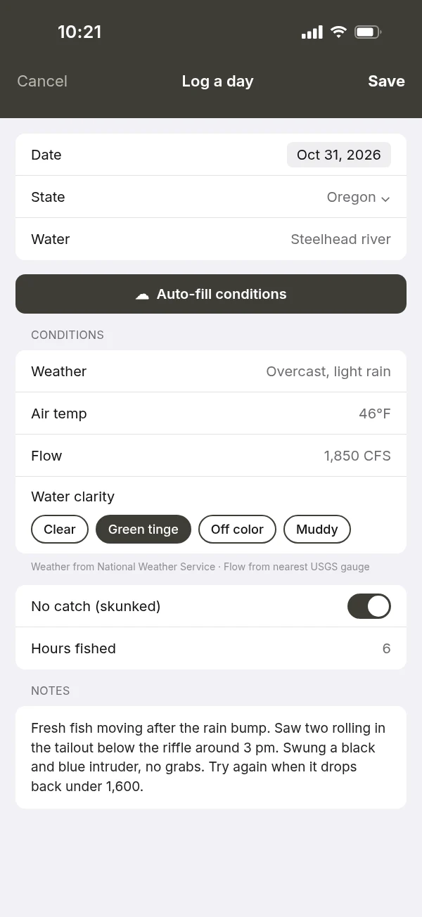 Log a day journal entry with weather, flow and water clarity (mockup, sample data)