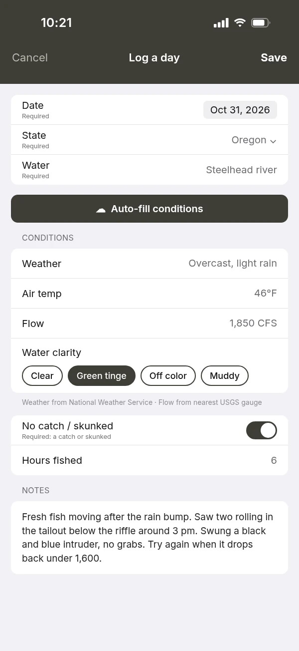 Log a day journal entry with required date, state, water and catch-or-skunked, plus weather, flow and water clarity (mockup, sample data)