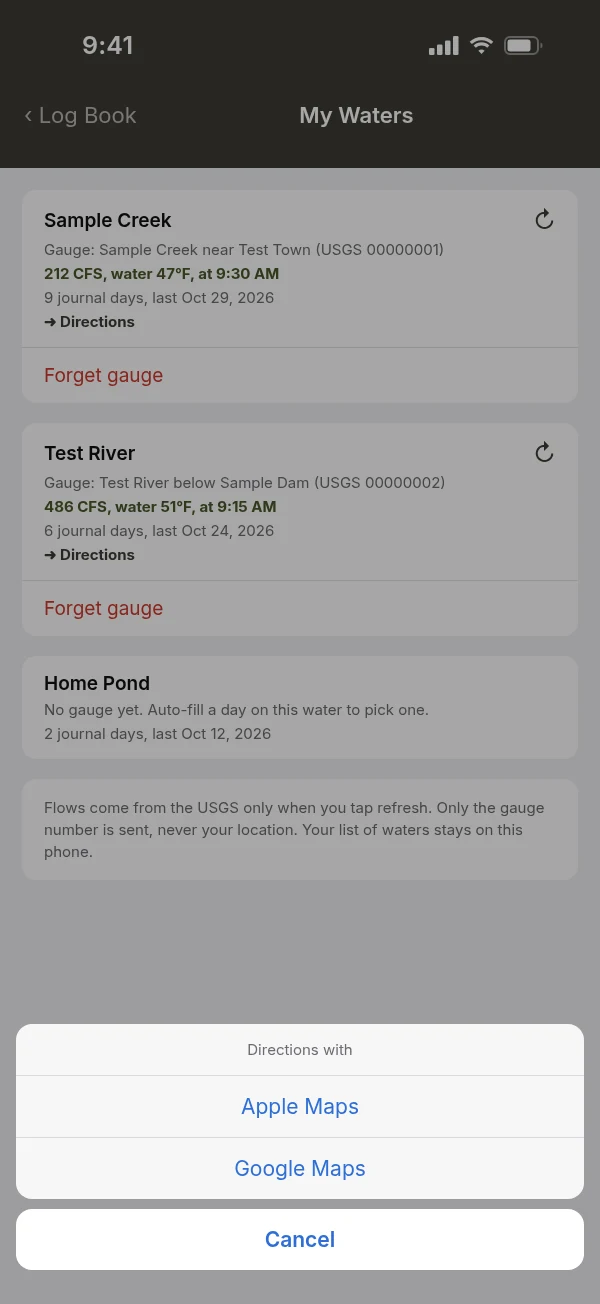 My Waters list of saved stream gauges with current flow and Directions in Apple Maps or Google Maps (mockup, sample data)